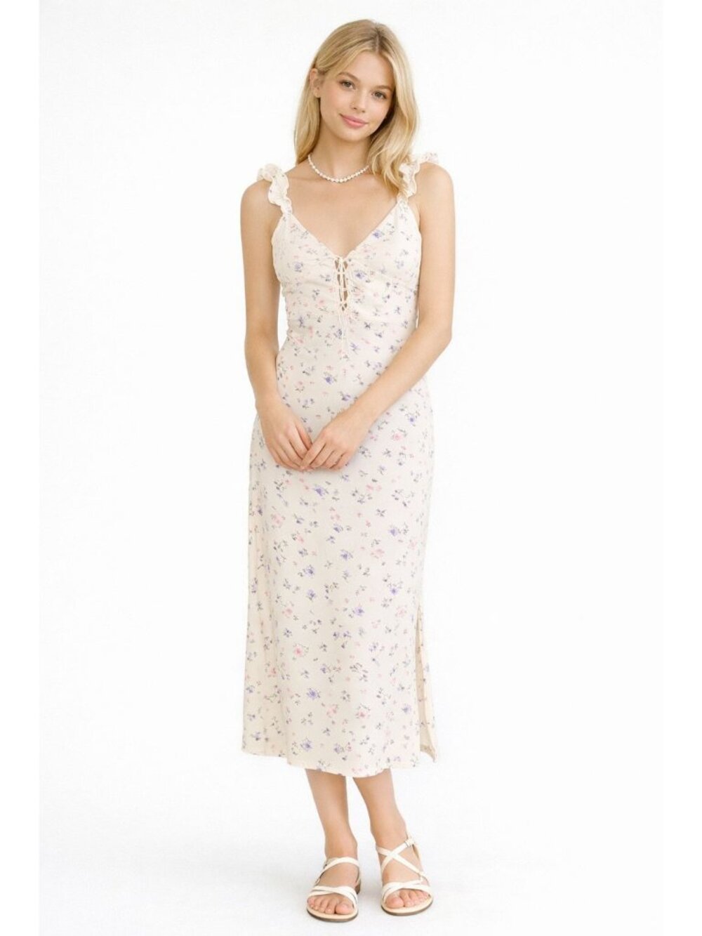 NWT Baby doll Y2K Lace Cream Floral Maxi Dress Tie Boho Chic Ruffle Forever 21